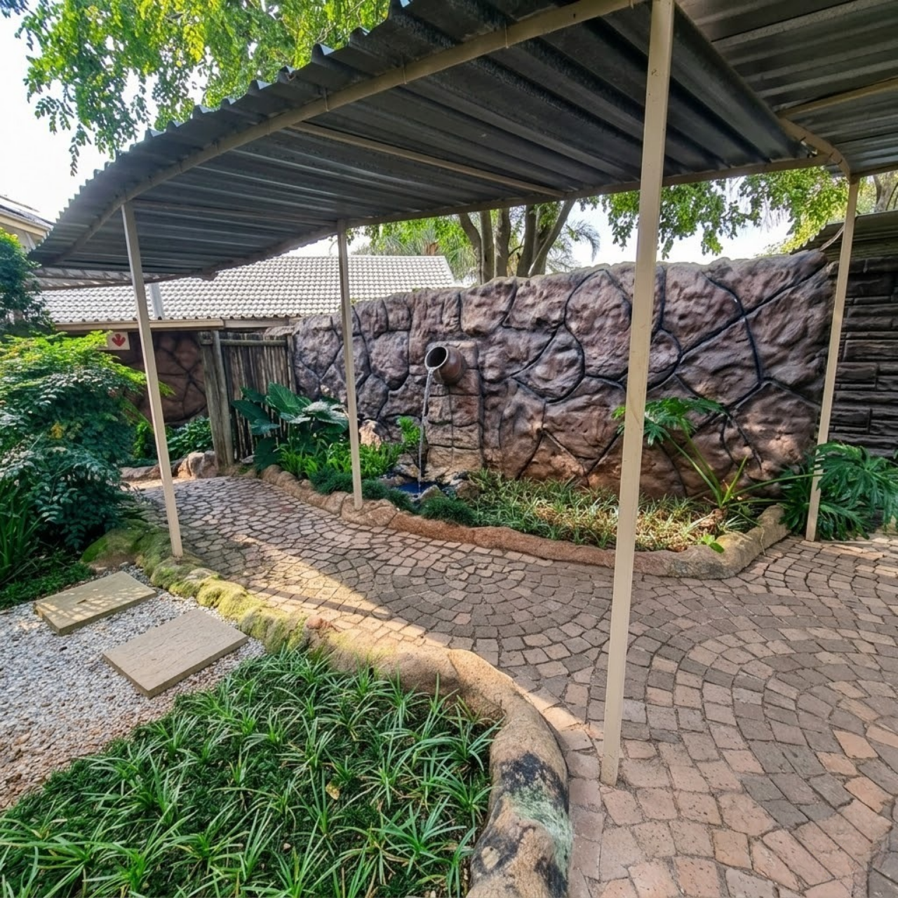 Shaded stone spa garden path with rock wall water fountain and lush tropical plants at Crystal Rose Lodge near Johannesburg