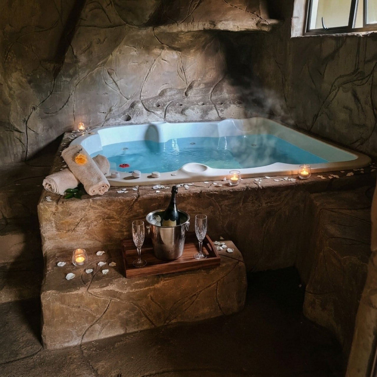 Romantic jacuzzi spa room with rock cave walls, steaming water, candles, flower petals and champagne on ice at Crystal Rose Lodge